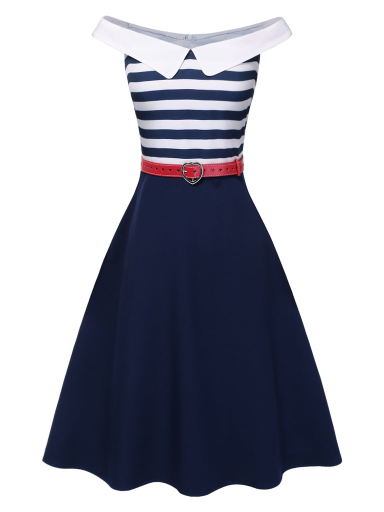 Dark Blue 1950s Striped Off-Shoulder Dress