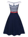 Dark Blue 1950s Striped Off-Shoulder Dress