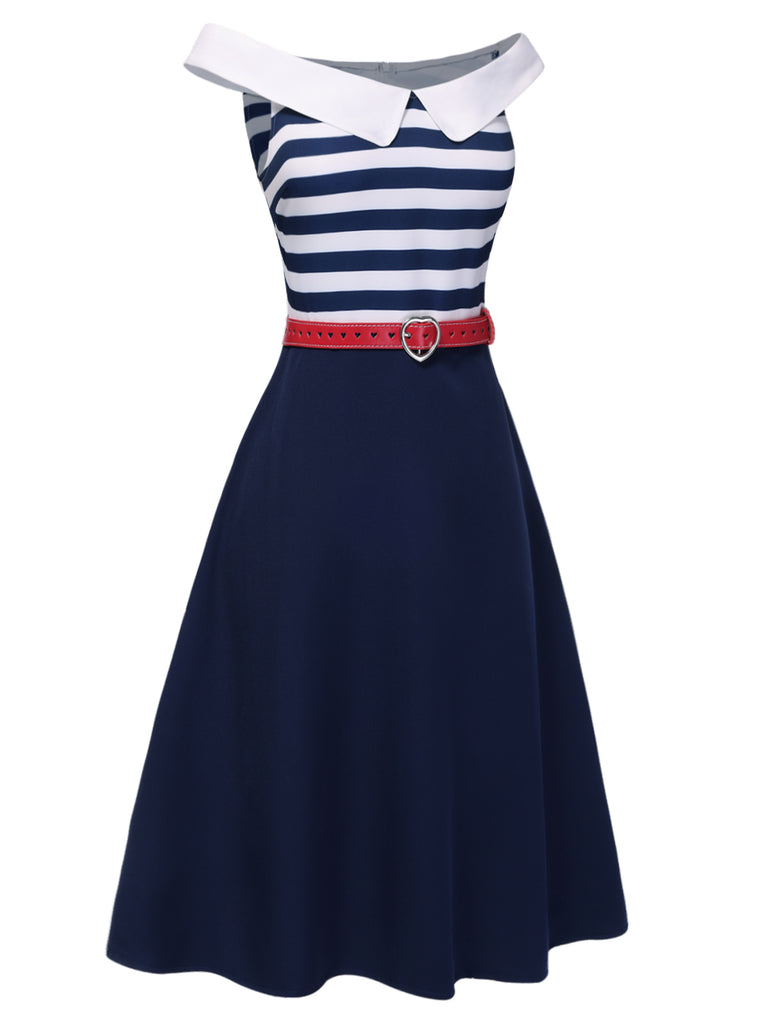 Dark Blue 1950s Striped Off-Shoulder Dress