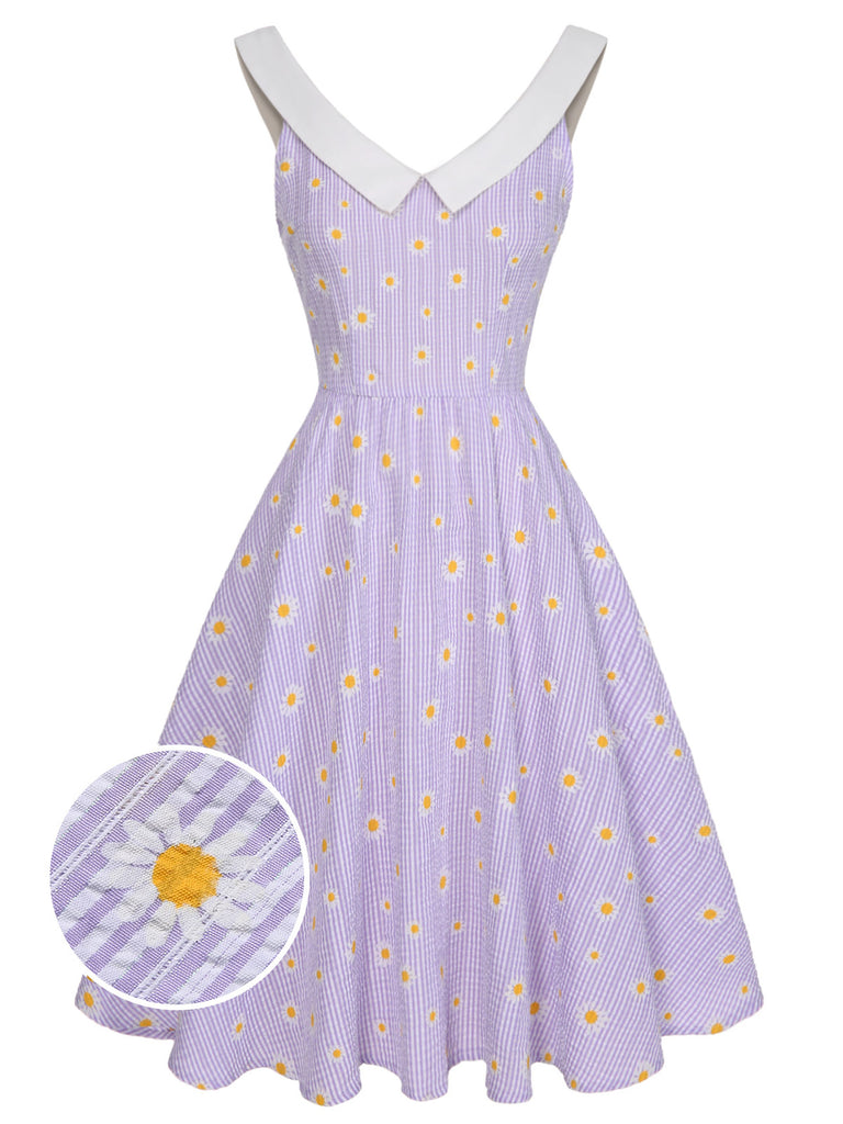 Purple 1950s Plaid Daisy V-Neck Dress