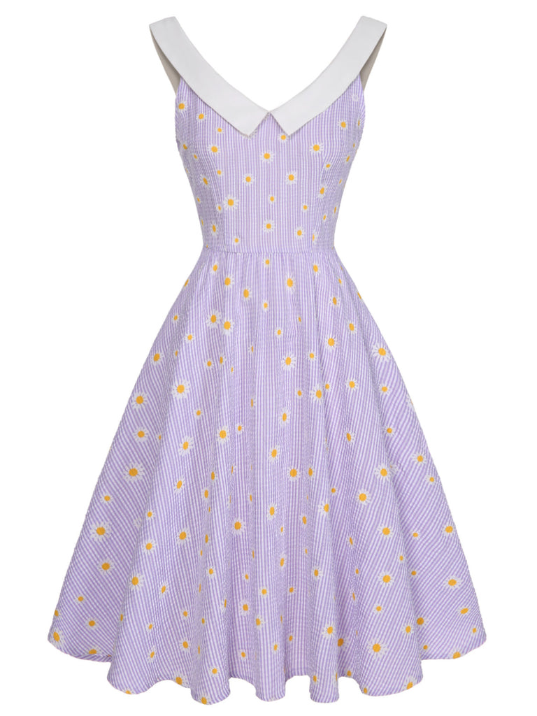 Purple 1950s Plaid Daisy V-Neck Dress