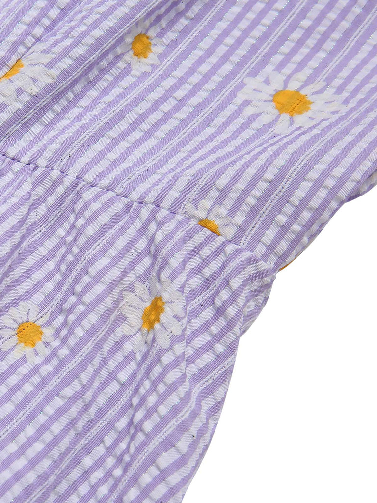 Purple 1950s Plaid Daisy V-Neck Dress