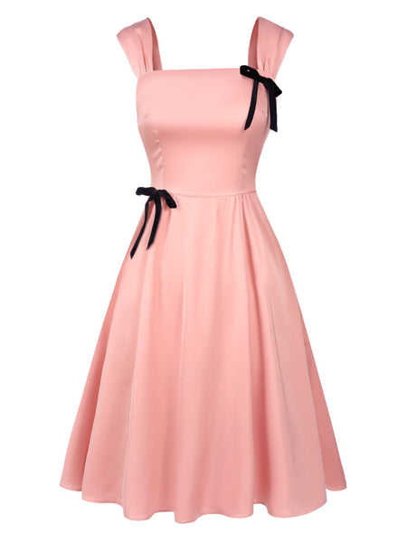 Light Pink 1940s Solid Bow Dress | Retro Stage