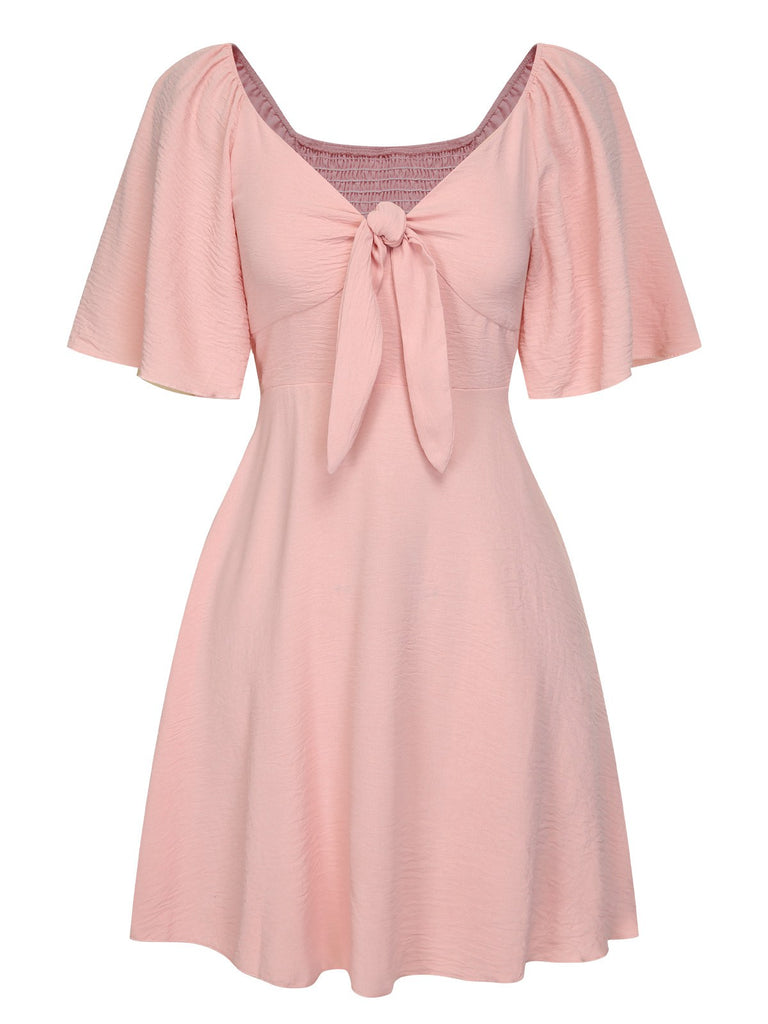 1970s V-Neck Bow Tie Ruffle Sleeves Dress