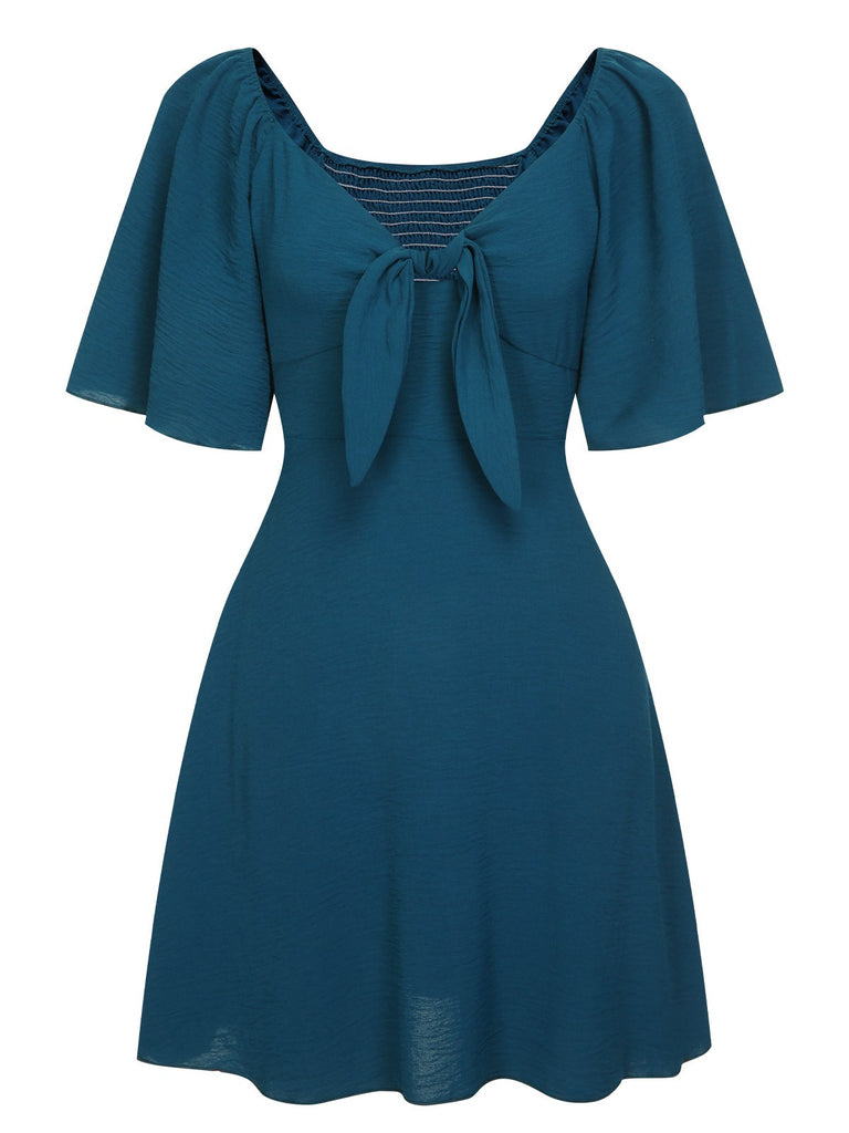 1970s V-Neck Bow Tie Ruffle Sleeves Dress