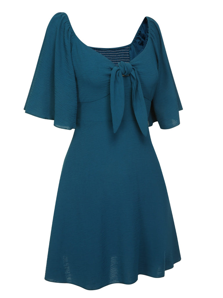 1970s V-Neck Bow Tie Ruffle Sleeves Dress