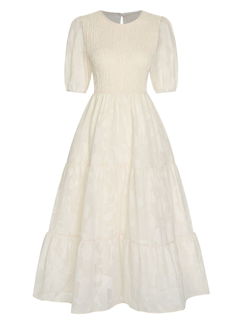 1930s Round Neck Puff Sleeve Wrinkle Dress