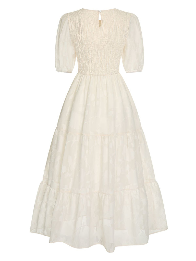 1930s Round Neck Puff Sleeve Wrinkle Dress