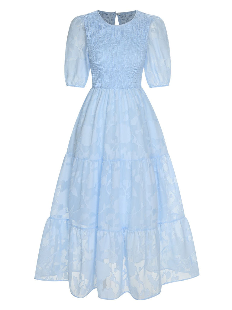 1930s Round Neck Puff Sleeve Wrinkle Dress