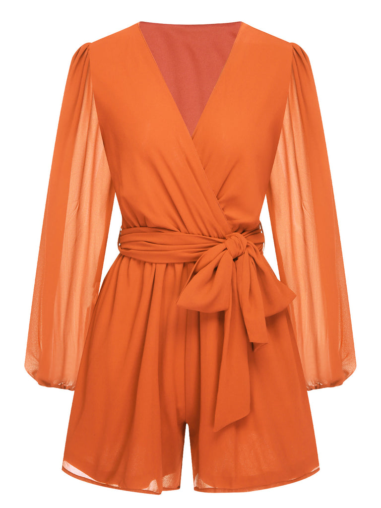 1950s Chiffon Lantern Sleeves Waist Tie Romper