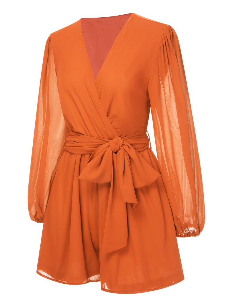 1950s Chiffon Lantern Sleeves Waist Tie Romper