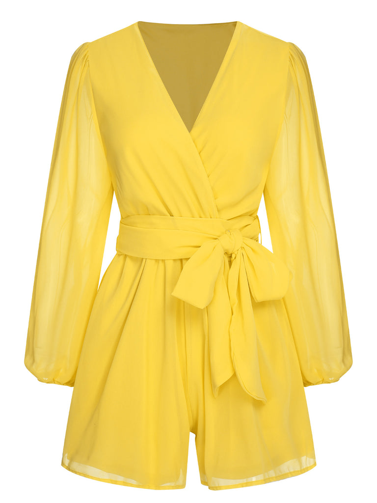 1950s Chiffon Lantern Sleeves Waist Tie Romper