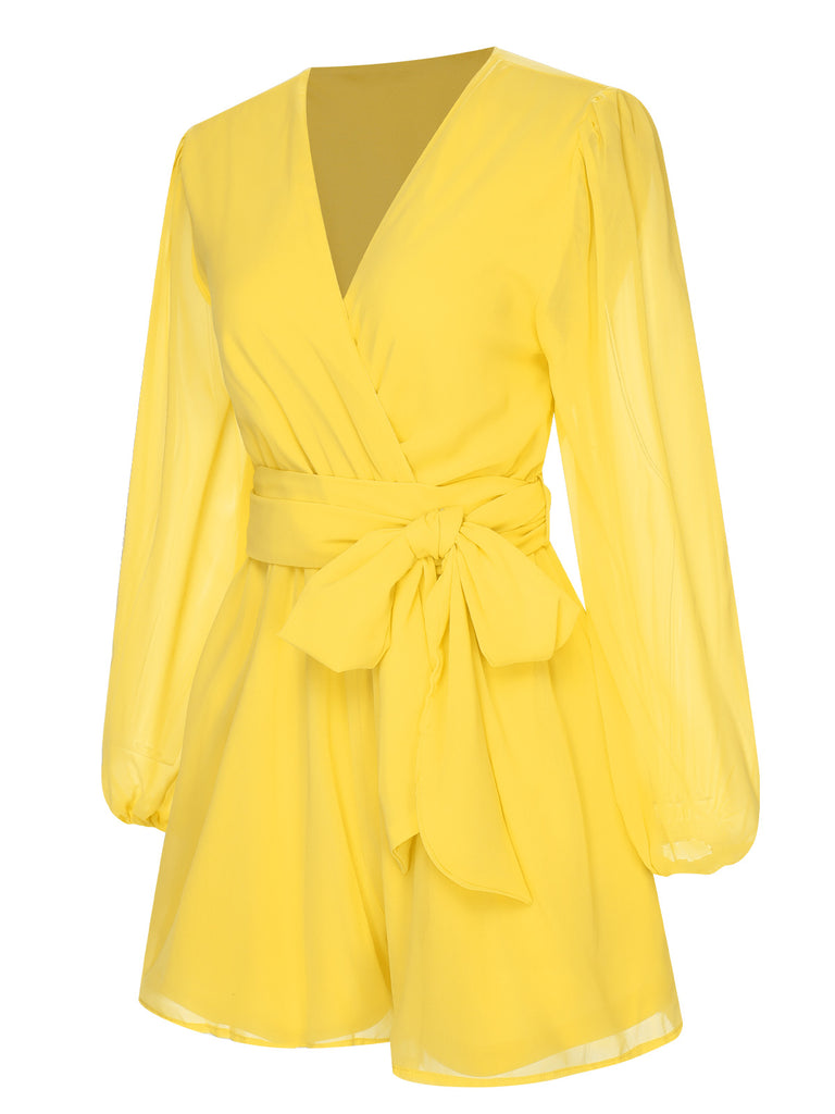 1950s Chiffon Lantern Sleeves Waist Tie Romper