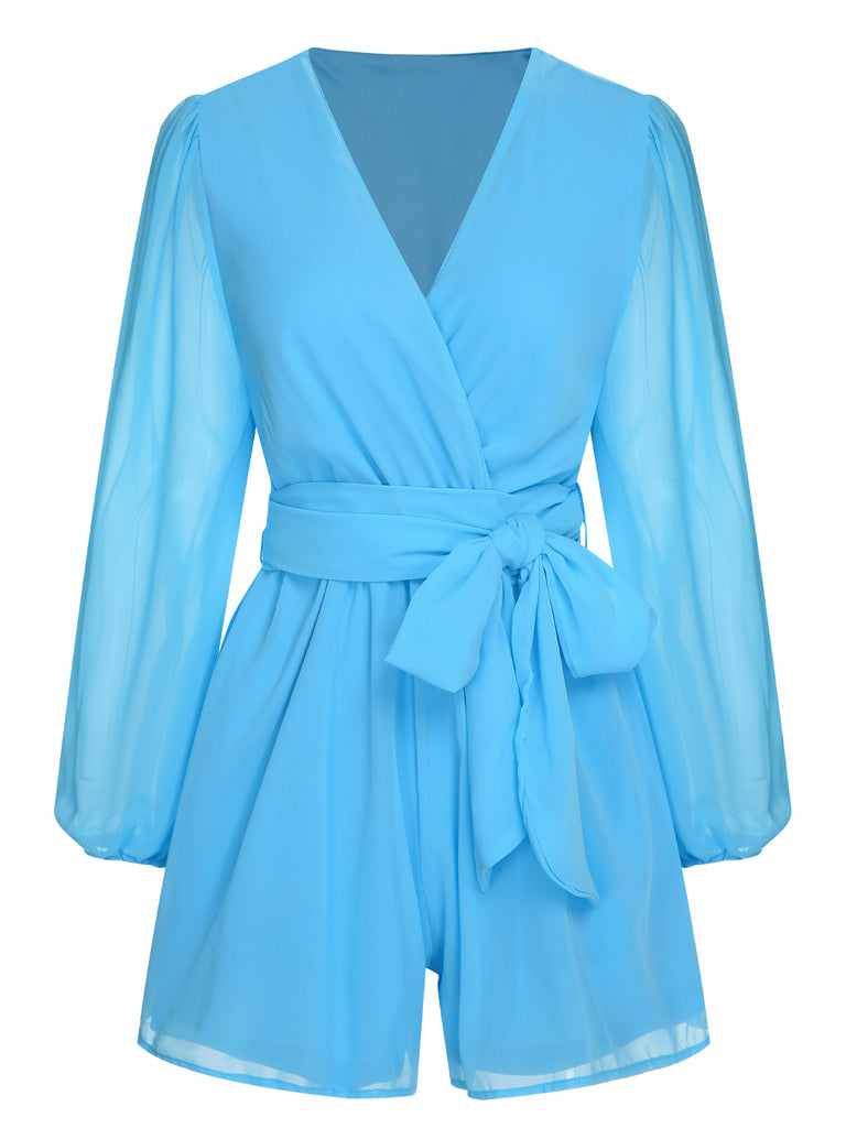 1950s Chiffon Lantern Sleeves Waist Tie Romper