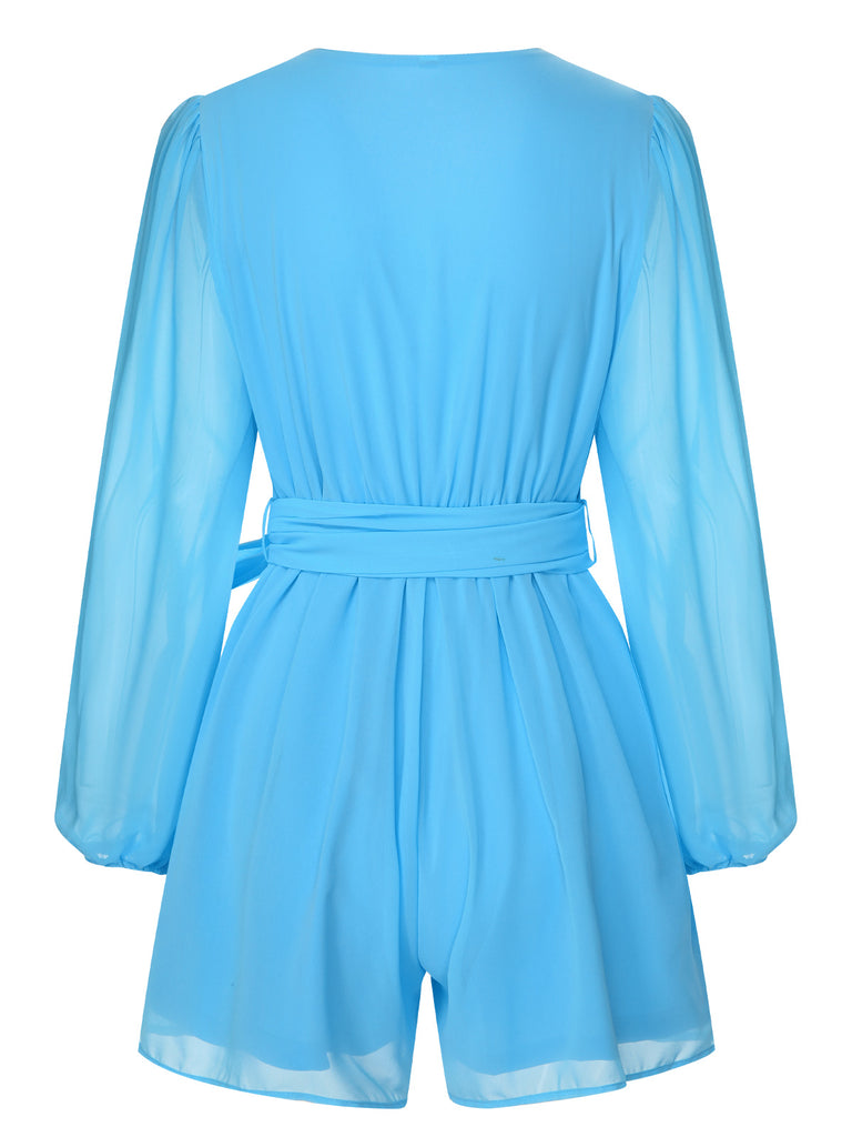 1950s Chiffon Lantern Sleeves Waist Tie Romper