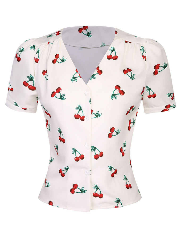 White 1950s Cherry Buttoned V-Neck Blouse