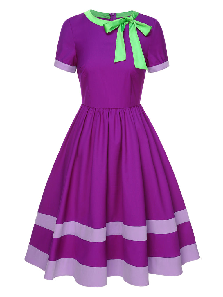 Purple 1950s Solid Spliced Tie Neck Dress Retro Stage