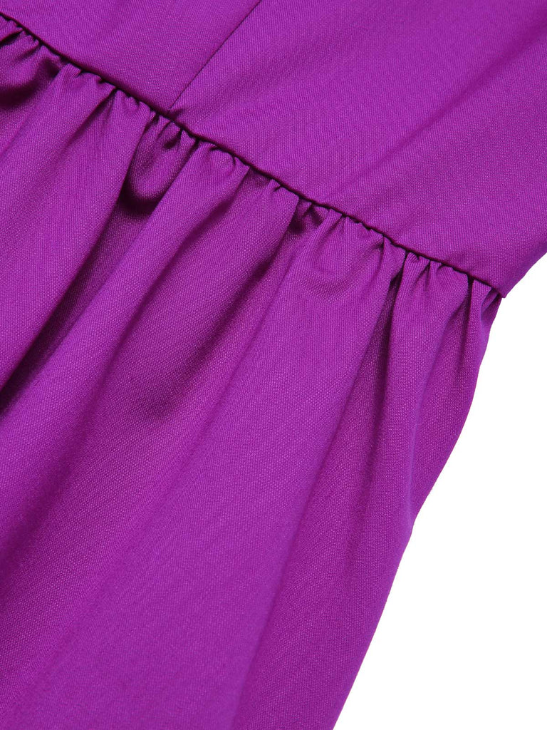 Purple 1950s Solid Spliced Tie Neck Dress