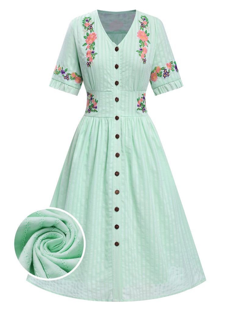 Pure Cotton Mint Green 1940s V-Neck Floral Dress