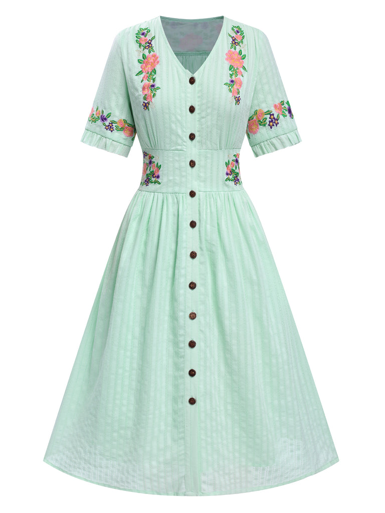 Pure Cotton Mint Green 1940s V-Neck Floral Dress