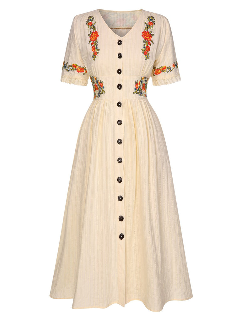 Pure Cotton Beige 1940s V-Neck Floral Dress