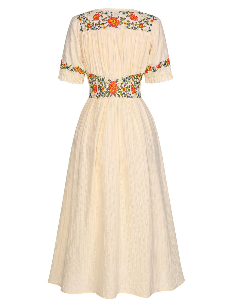 Pure Cotton Beige 1940s V-Neck Floral Dress