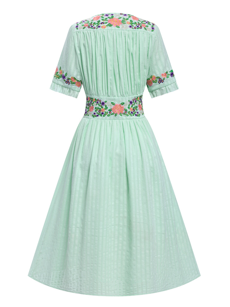 Pure Cotton Mint Green 1940s V-Neck Floral Dress