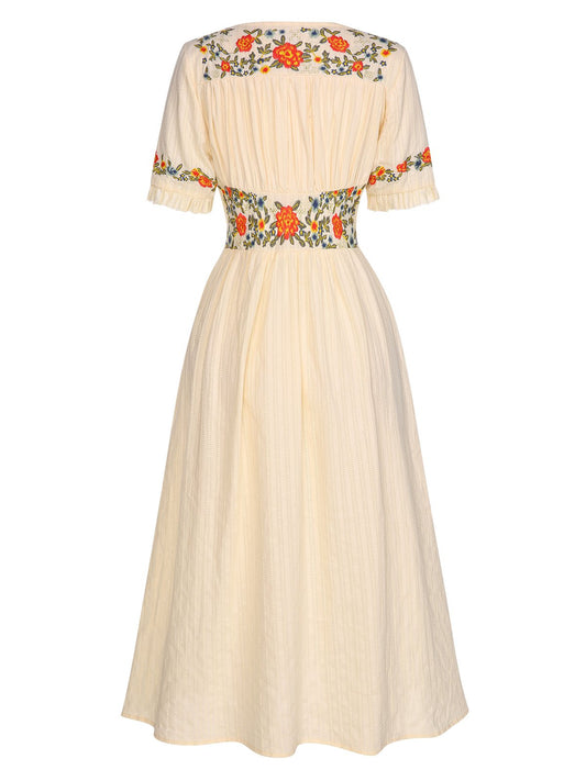 Pure Cotton Beige 1940s V-Neck Floral Dress