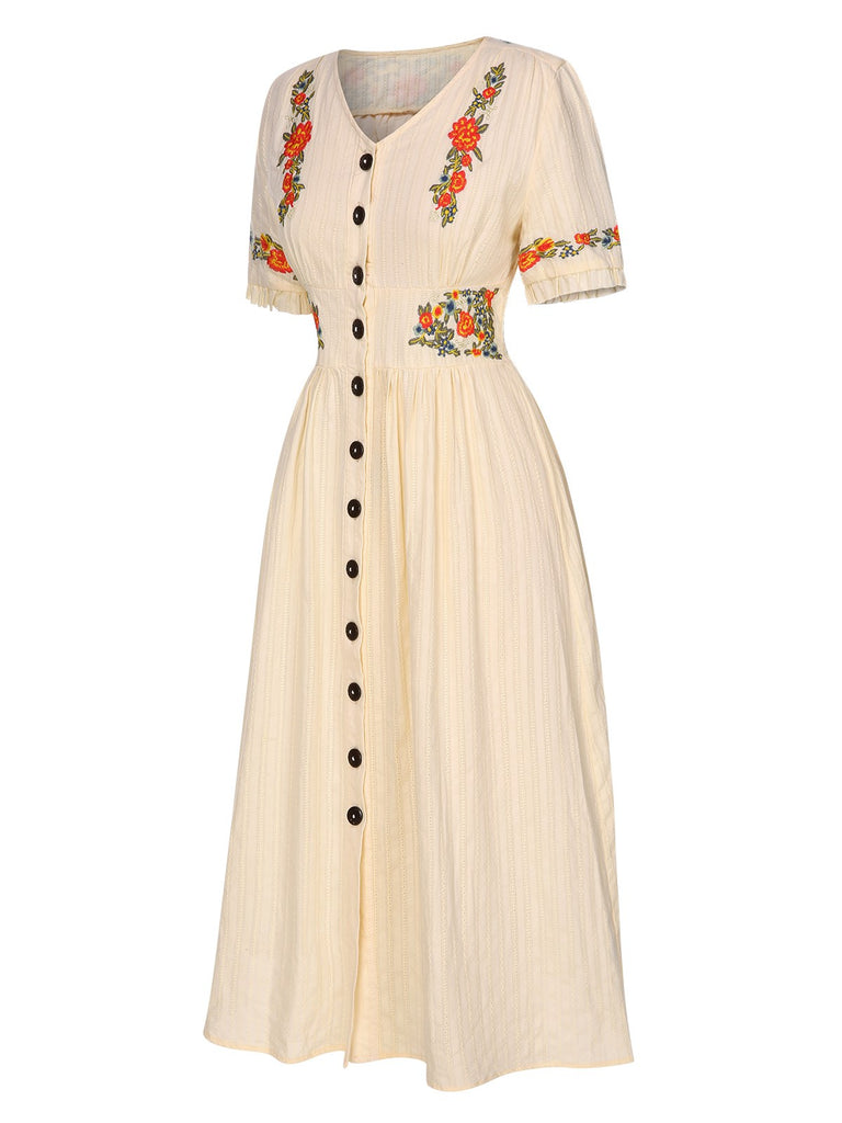 [Pre-Sale] Pure Cotton Beige 1940s V-Neck Floral Dress