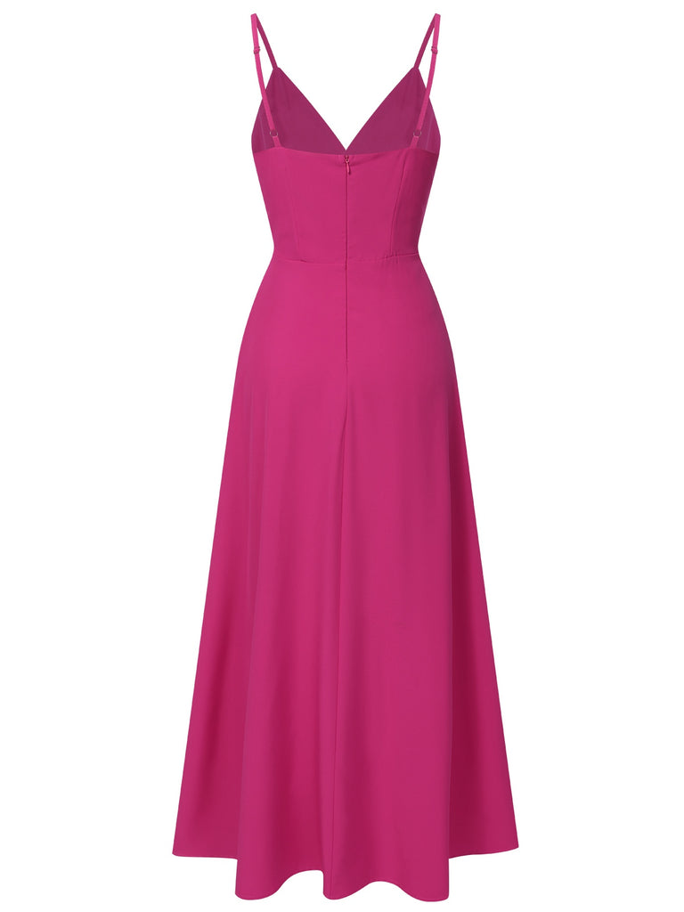 Pink 1930s V-Neck Ruffled Irregular Slit Dress