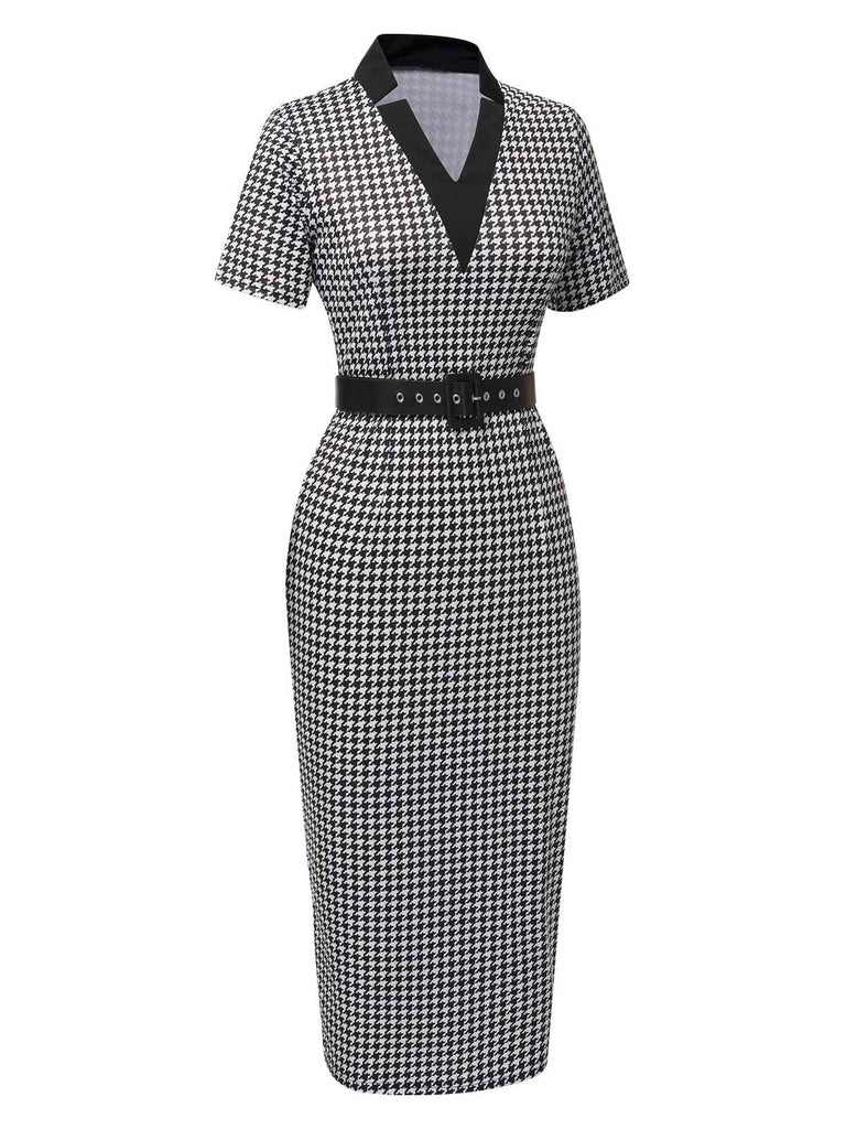 Black 1960s V-Neck Belted Pencil Dress