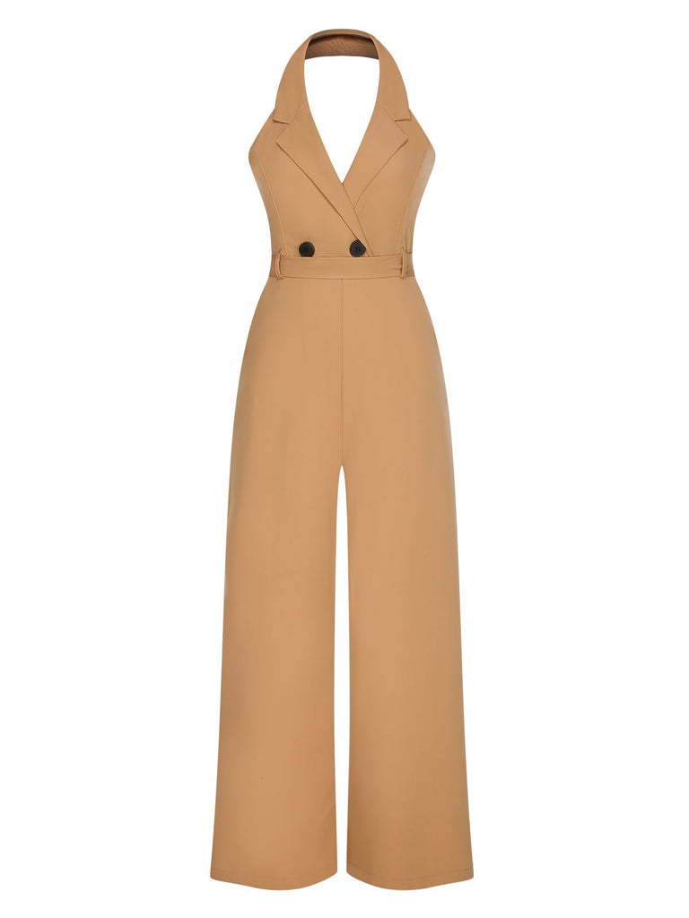 1930s Solid Button Halter Lapel Jumpsuit