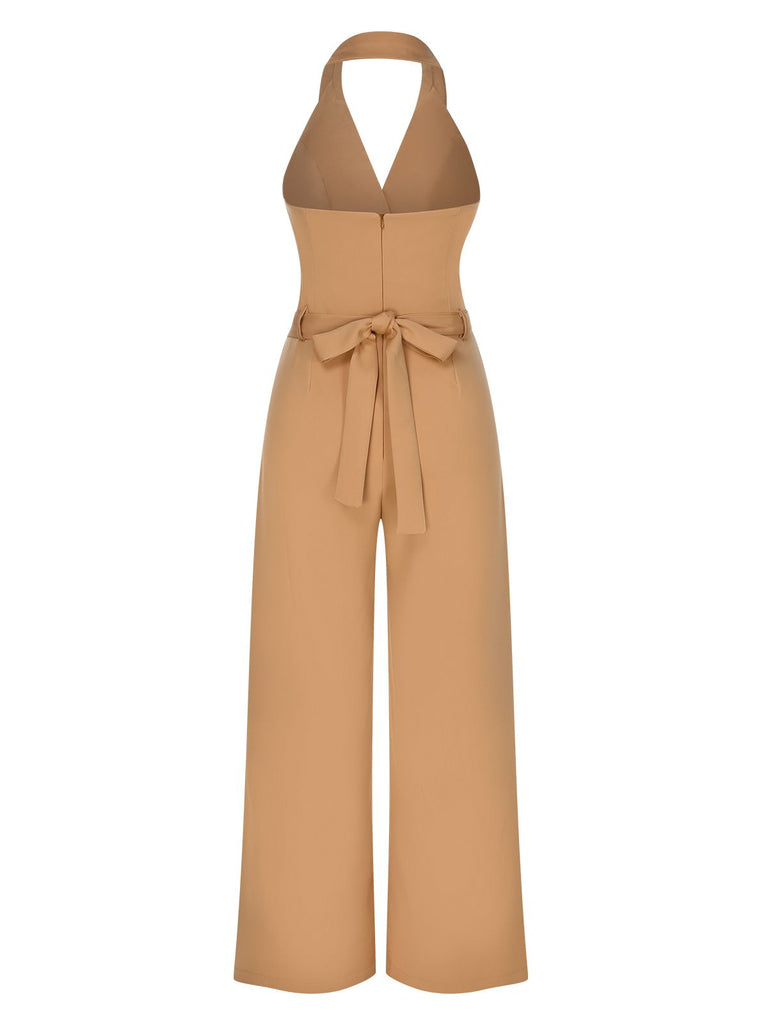 1930s Solid Button Halter Lapel Jumpsuit