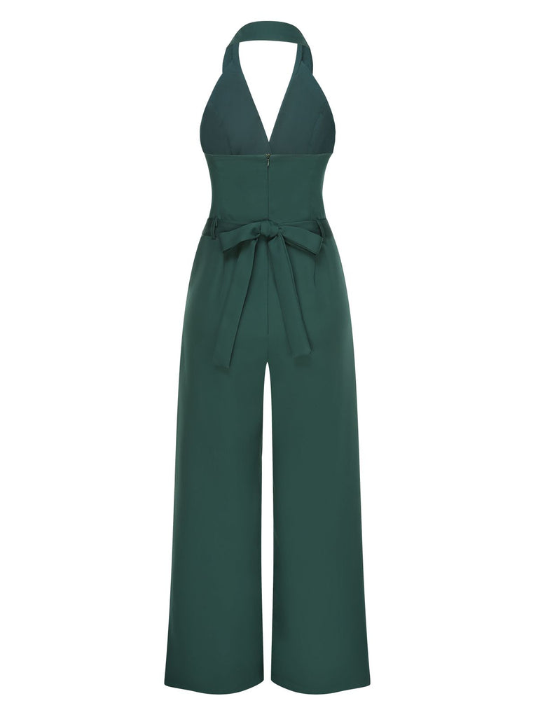 1930s Solid Button Halter Lapel Jumpsuit