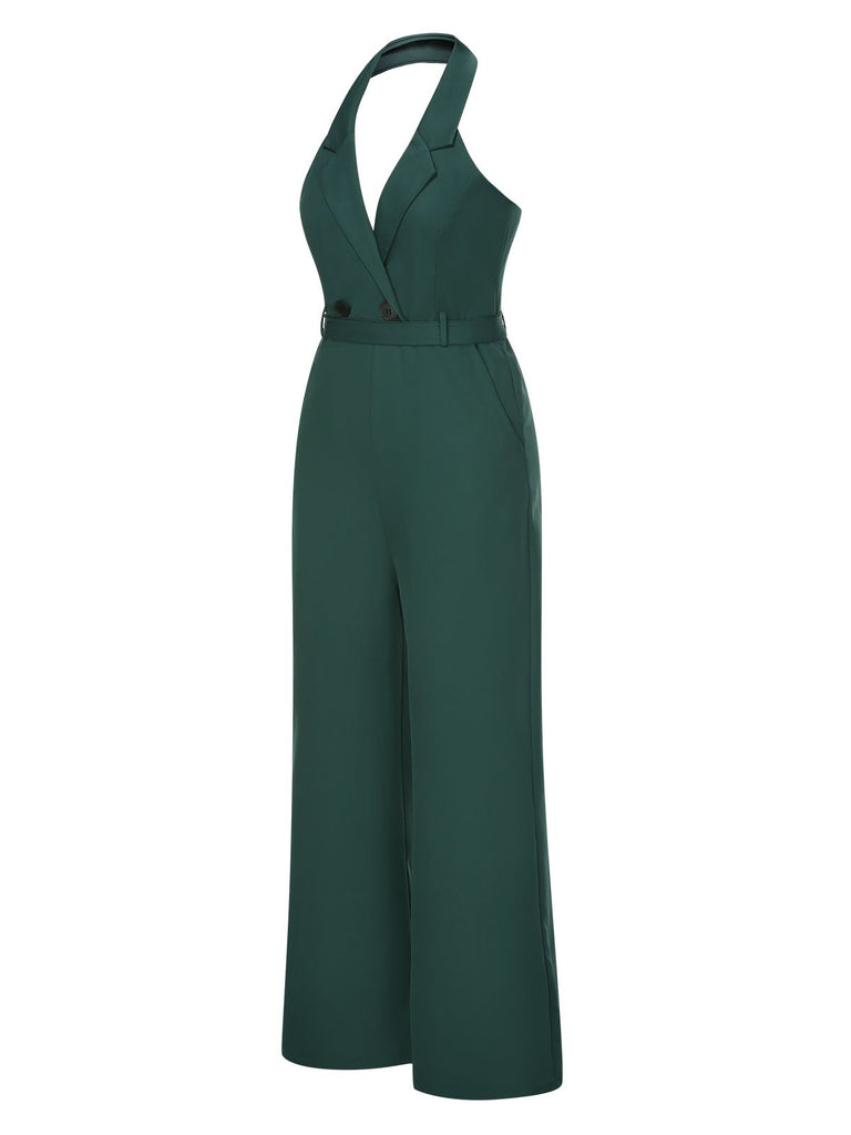 1930s Solid Button Halter Lapel Jumpsuit