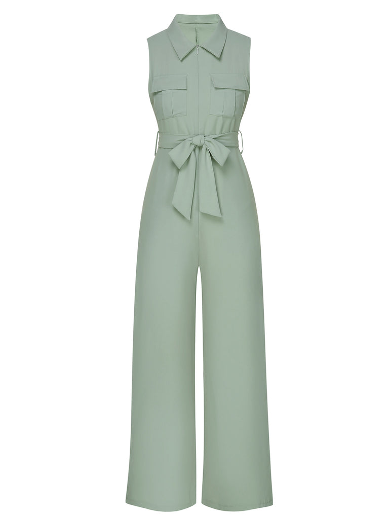 Green 1930s Shirt Collar Belted Jumpsuit