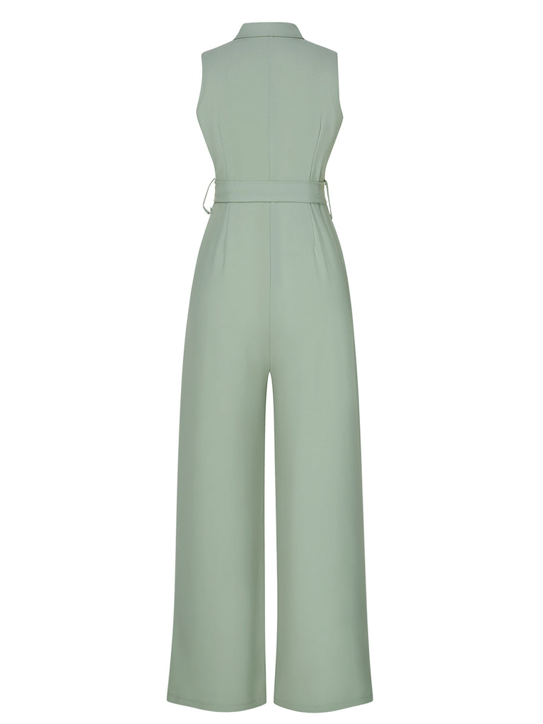 Green 1930s Shirt Collar Belted Jumpsuit