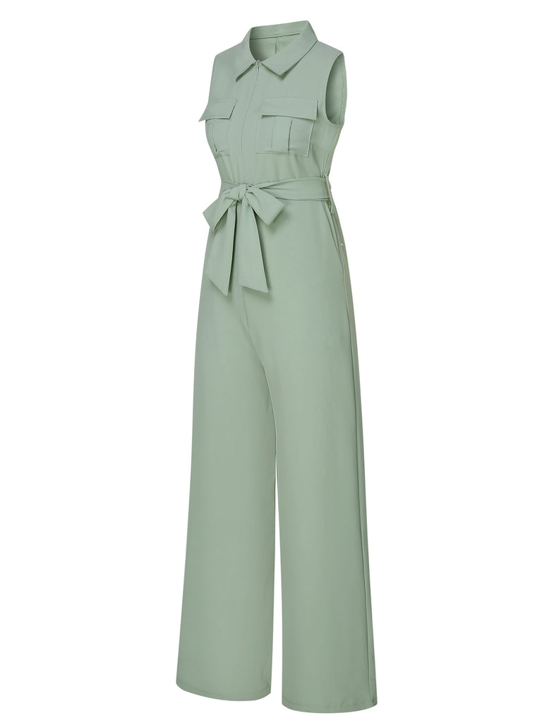 Green 1930s Shirt Collar Belted Jumpsuit