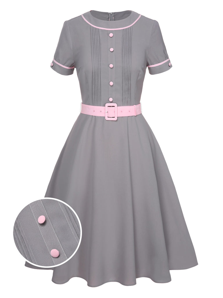 Gray 1950s Solid Contrast Belted Dress