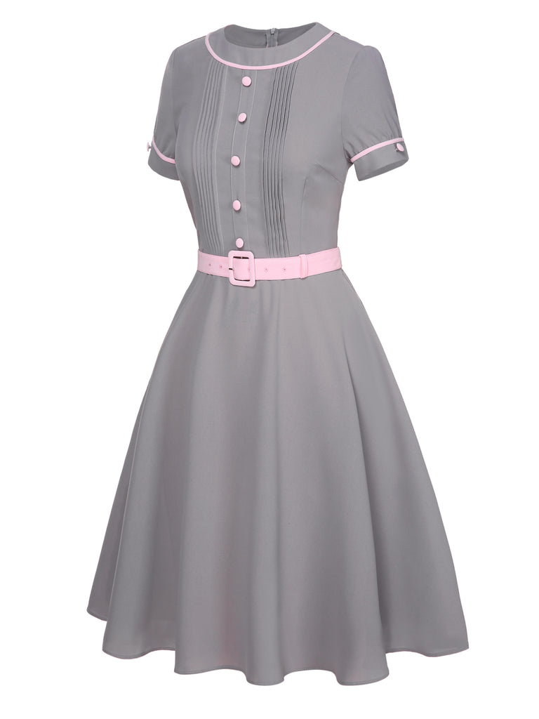 Gray 1950s Solid Contrast Belted Dress