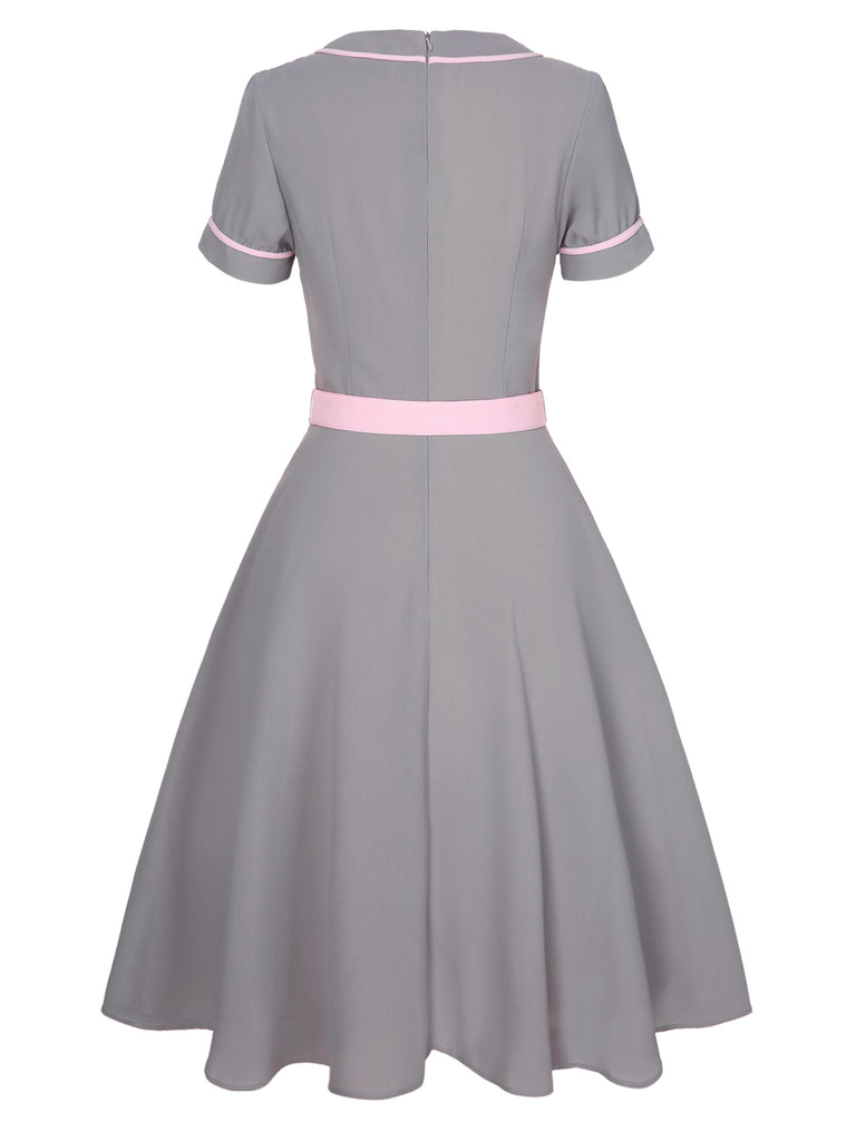 Gray 1950s Solid Contrast Belted Dress