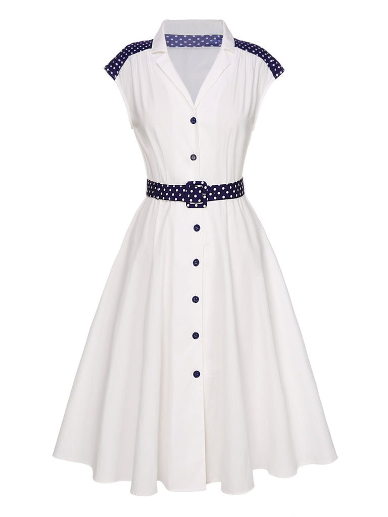 White 1940s Lapel Polka Dots Patchwork Dress