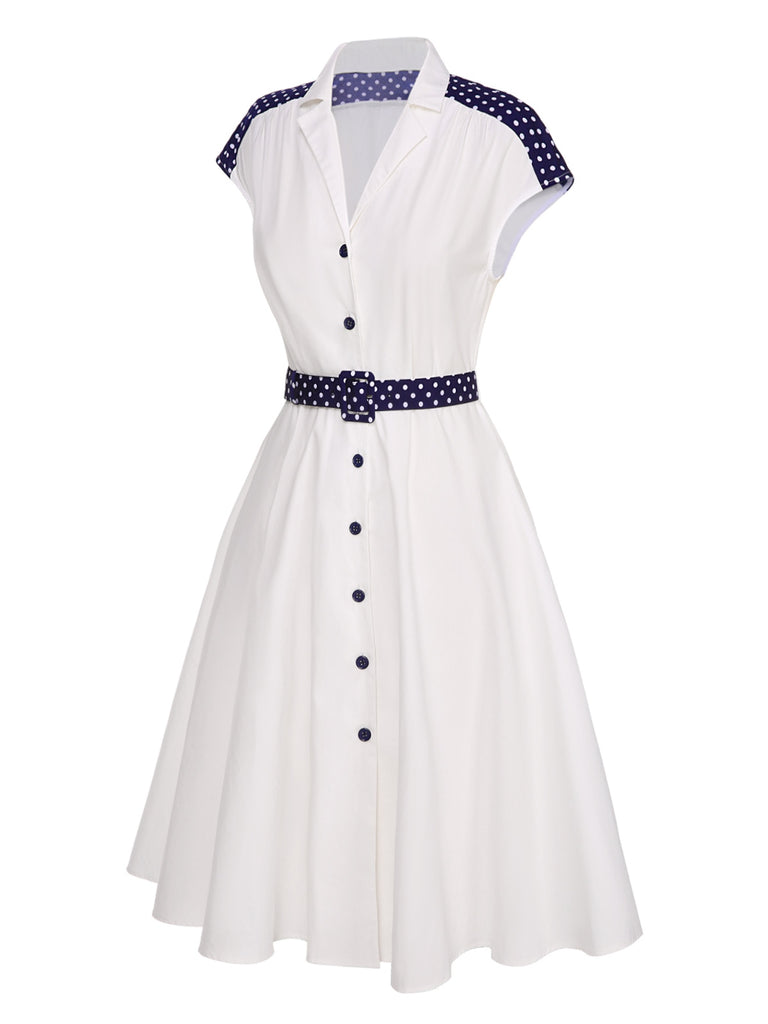 White 1940s Lapel Polka Dots Patchwork Dress