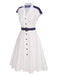 White 1940s Lapel Polka Dots Patchwork Dress