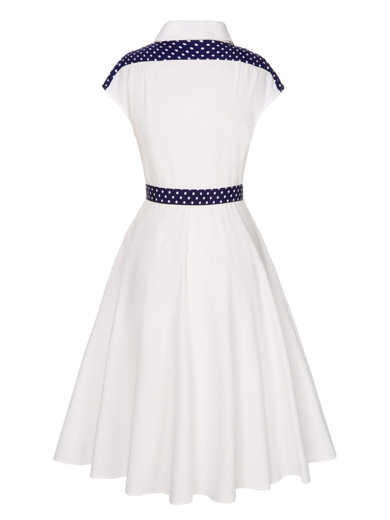 White 1940s Lapel Polka Dots Patchwork Dress