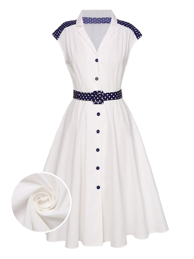 White 1940s Lapel Polka Dots Patchwork Dress