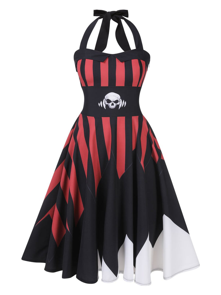 Black&Red 1950s Halloween Halter Skull Dress