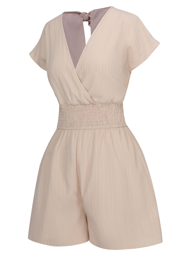 1970s Solid Elastic Waist Wrap V-Neck Romper