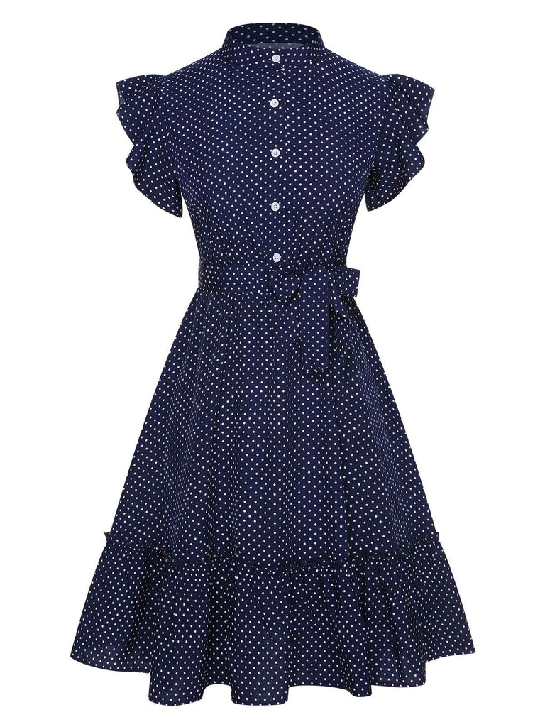 Deep Blue 1950s Polka Dots Ruffle Buttoned Dress