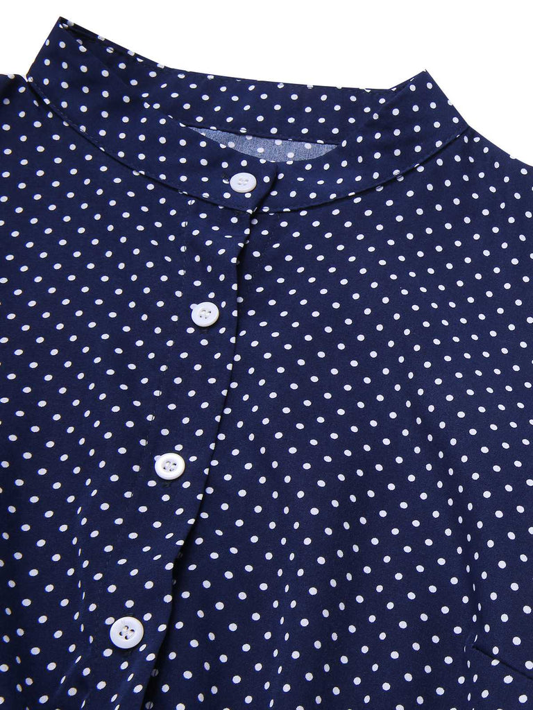 Deep Blue 1950s Polka Dots Ruffle Buttoned Dress